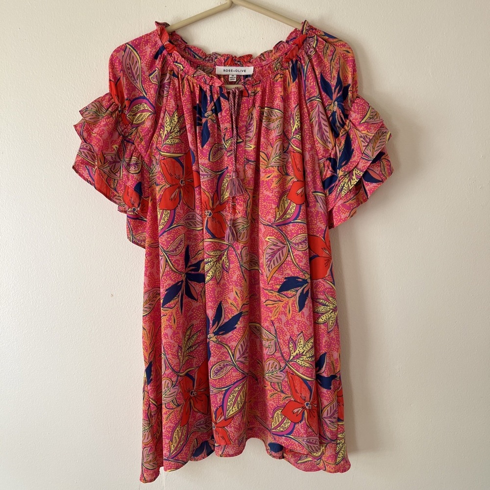 Rose + Olive Top Size 3X Pink Floral Tassels Ruffle Sleeve Lightweight Summer